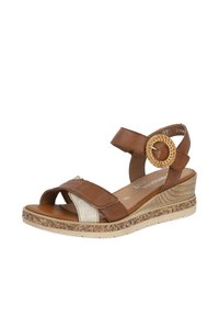 Sandale compensée en cuir marron avec sangle tissée, accent en textile beige et motif floral décoratif sur la semelle. Fermeture à boucle sur la sangle de la cheville.