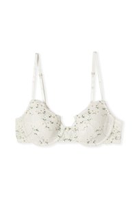 Weißer Spitzen-Bügel-BH mit verstellbaren Trägern und einem zarten Blumenmuster in sanften Grün- und Gelbtönen.