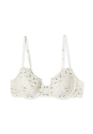 Weißer Spitzen-Bügel-BH mit verstellbaren Trägern und einem zarten Blumenmuster in sanften Grün- und Gelbtönen.