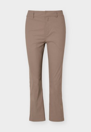 Béžové kalhoty s rovnými nohavicemi, poutky na pásek, předním zipem a minimálním prošíváním, zobrazené na bílém pozadí.