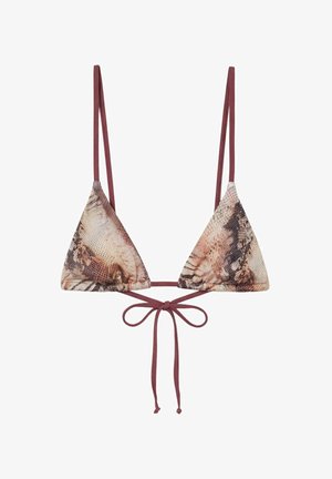Haut de bikini triangle avec bretelles fines réglables et fermeture à nouer, présentant un motif peau de serpent marron et beige.