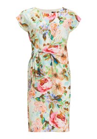 Robe florale avec un fond bleu clair, ornée de grandes fleurs roses et beiges. Manches courtes, col rond et lien à la taille.