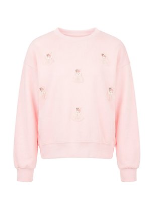 Lyserød sweatshirt med lange ærmer, dekoreret med små broderede kaniner med blomster fordelt over forsiden.