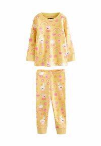 Keltainen pyjamapuku, johon kuuluu pitkähihaiset paita ja housut, joissa on kuvioita kaneista, kukista, sateenkaaresta ja vesimelooneista. Pehmeä ja joustava puuvillamateriaali.