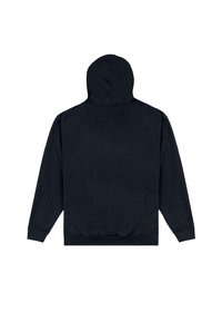 Svart huvtröja med långa ärmar, ribbade muddar och midja. Slät tygtextur. Enkel design utan mönster eller detaljer.