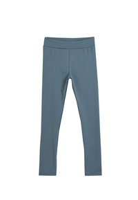 Leggings azules hechos de una tela suave y elástica. Presentan una cinturilla ancha y un diseño ajustado, sin patrones o herrajes visibles.