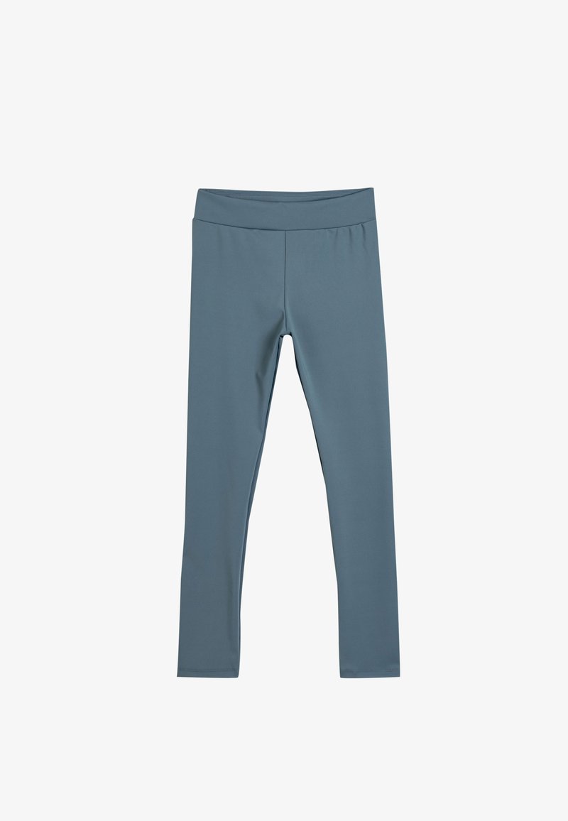 Blå leggings lavet af et glat, strækbart stof. De har en bred talje og en tætsiddende pasform, uden synlige mønstre eller hardware.