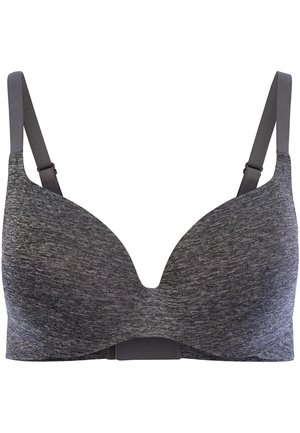 Szary, wyściełany biustonosz z głębokim dekoltem V, gładką strukturą, regulowanymi ramiączkami i zapięciem z tyłu. Brak widocznego wzoru lub ozdób.