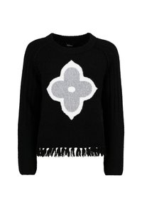 Black sweater with a round neckline, featuring a large gray and white flower design on the front and fringe detailing at the hem.