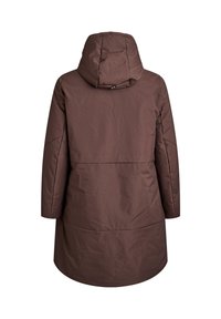 Manteau d'hiver à capuche marron avec des manches longues, couture visible et ourlet droit, montré de dos sur fond blanc.