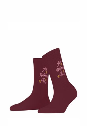 Pair of maroon ribbed socks with pink and yellow text and stars reading "It's Xmas Time" on the side.