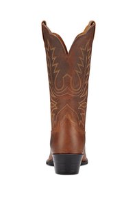 Botas de vaquero de cuero marrón con punta afilada, patrones de costura intrincados y un leve tacón. Cuenta con un borde superior en forma de onda.