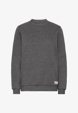 Grijze sweatshirt van textuurstof, met een geribbelde ronde hals en manchetten, en een klein label op de onderrand.