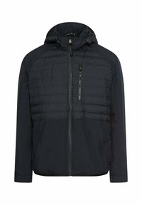 Zwarte geïsoleerde jas met een doorgestikte bovenkant, een ritssluiting aan de voorkant en een capuchon. Voorzien van zijzakken en elastische manchetten voor een strakke pasvorm.