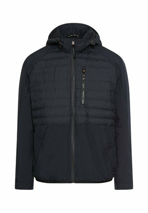 Sort isoleret jakke med en quiltet øverste sektion, lynlåslukning foran og en hætte. Har sidelommer og elastiske ærmekanter for en tæt pasform.
