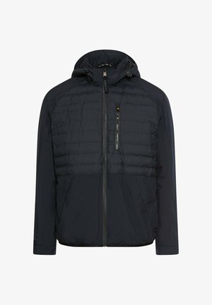 Sort isoleret jakke med en quiltet øverste sektion, lynlåslukning foran og en hætte. Har sidelommer og elastiske ærmekanter for en tæt pasform.