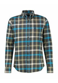 Koszula flanelowa w kratę w kolorach szarym, niebieskim i oliwkowym, z kołnierzykiem zapinanym na guziki oraz kieszonką na piersi. Miękka tekstura i długie rękawy.