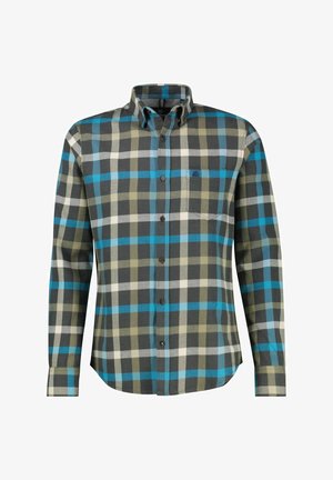 Koszula flanelowa w kratę w kolorach szarym, niebieskim i oliwkowym, z kołnierzykiem zapinanym na guziki oraz kieszonką na piersi. Miękka tekstura i długie rękawy.