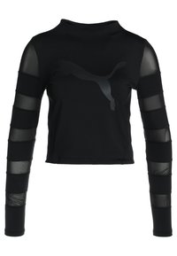 Mustahduda mwenye mikono mirefu ya rangi nyeusi inayovutia, yenye paneli ya mesh kwenye mikono na nembo ya matte ya rangi nyeusi ya Puma mbele. Imeundwa kwa texture laini na muundo unaokalia.