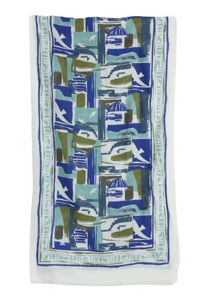 Mehrfarbiger Schal mit abstrakten Formen in Blau und Grün, verziert mit weißen und blauen Rändern. Leichter Stoff mit einer weichen Textur.