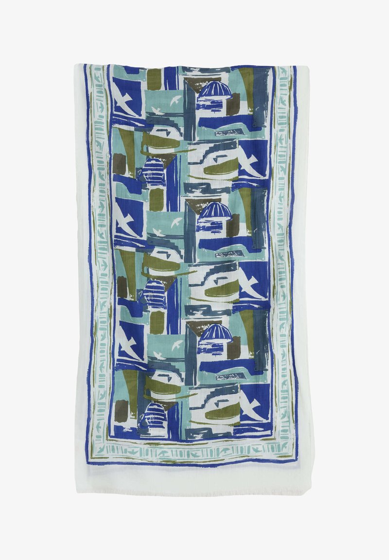 Écharpe multicolore avec des formes abstraites en bleu et vert, ornée de bordures blanches et bleues. Tissu léger avec une texture douce.