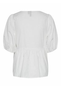 Hvit bomullsbluse med rund hals, puffer korte ermer og rynket midje for en avslappet passform.