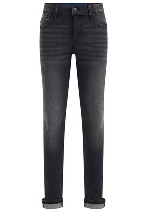 Jean slim noir avec revers de manchettes, design classique à cinq poches, fermeture par bouton et zip, détails délavés sur l'avant des cuisses.