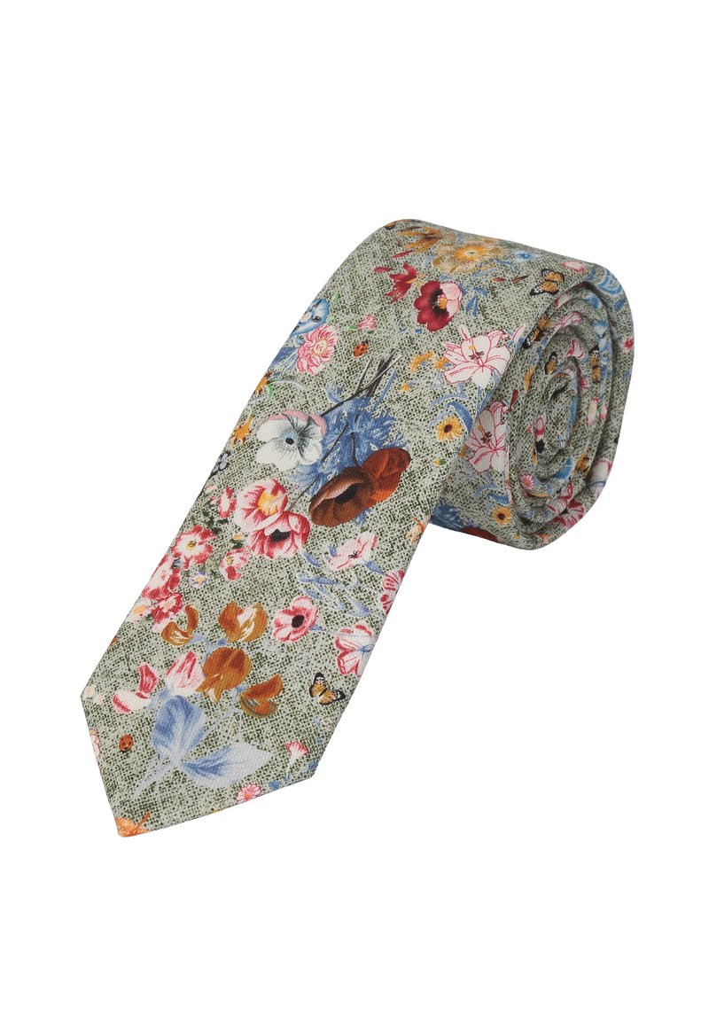 Floral tie in green fabric, featuring a variety of colorful flowers and butterflies. Slim design with a textured appearance.