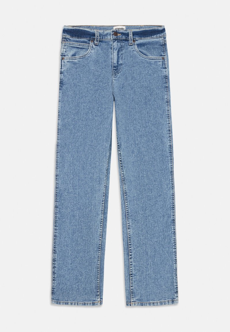 Jeans de ganga azul claro com um design de pernas retas, cinco bolsos e fecho com botão. Apresenta um desbotar subtil e um padrão de costura clássico.