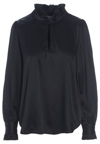 Blusa nera in tessuto satinato con colletto arricciato, dettaglio a chiave e maniche lunghe con polsini arricciati. Texture liscia e fluida.