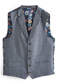Kamizelka w szarym kolorze o wzorze jodełki, z niebieskim wnętrzem w kwiatowy wzór. Posiada pięć guzików i dwie boczne kieszenie. Bez rękawów.