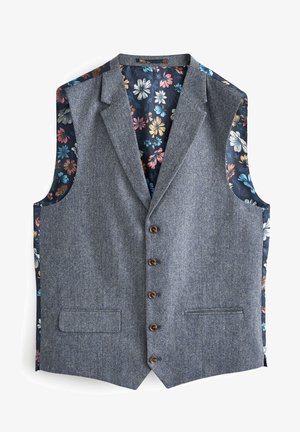 Weste mit Fischgrätmuster in Grau und einem blau geblümten Innenfutter. Verfügt über fünf Knöpfe und zwei Seitentaschen. Ärmelloses Design.