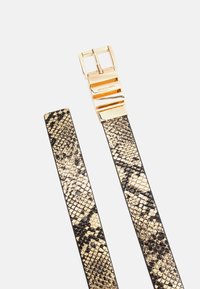 Cinturón con estampado de serpiente en negro y dorado, con una hebilla dorada pulida que presenta un diseño cuadrado y múltiples agujeros de ajuste a lo largo de la correa.