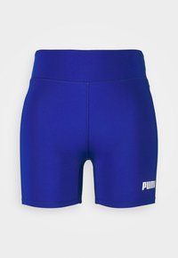 Modré sportovní šortky vyrobené z hladké tkaniny, s přiléhavým designem a bílým logem na dolním pravém rohu.