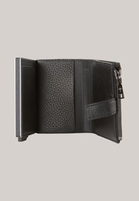 Black leather wallet with a textured finish, featuring multiple card slots, a zippered compartment, and a secure closure.