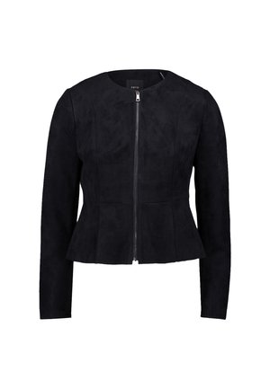 Veste noire à manches longues avec fermeture éclair à l'avant, col rond, taille ajustée et léger évasement à l'ourlet.
