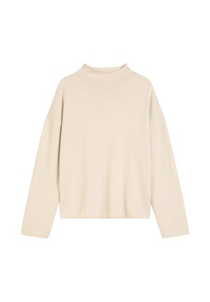 Pull en maille crémeux à manches longues avec col montant, coupe boxy et texture douce. Présente des épaules tombantes et un ourlet court.