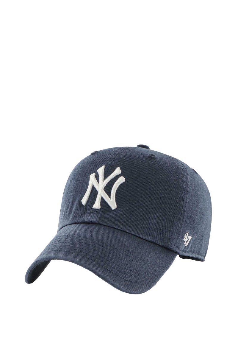 Navy blue cap made of cotton with a curved brim, featuring a white embroidered NY logo and subtle texture on the fabric.