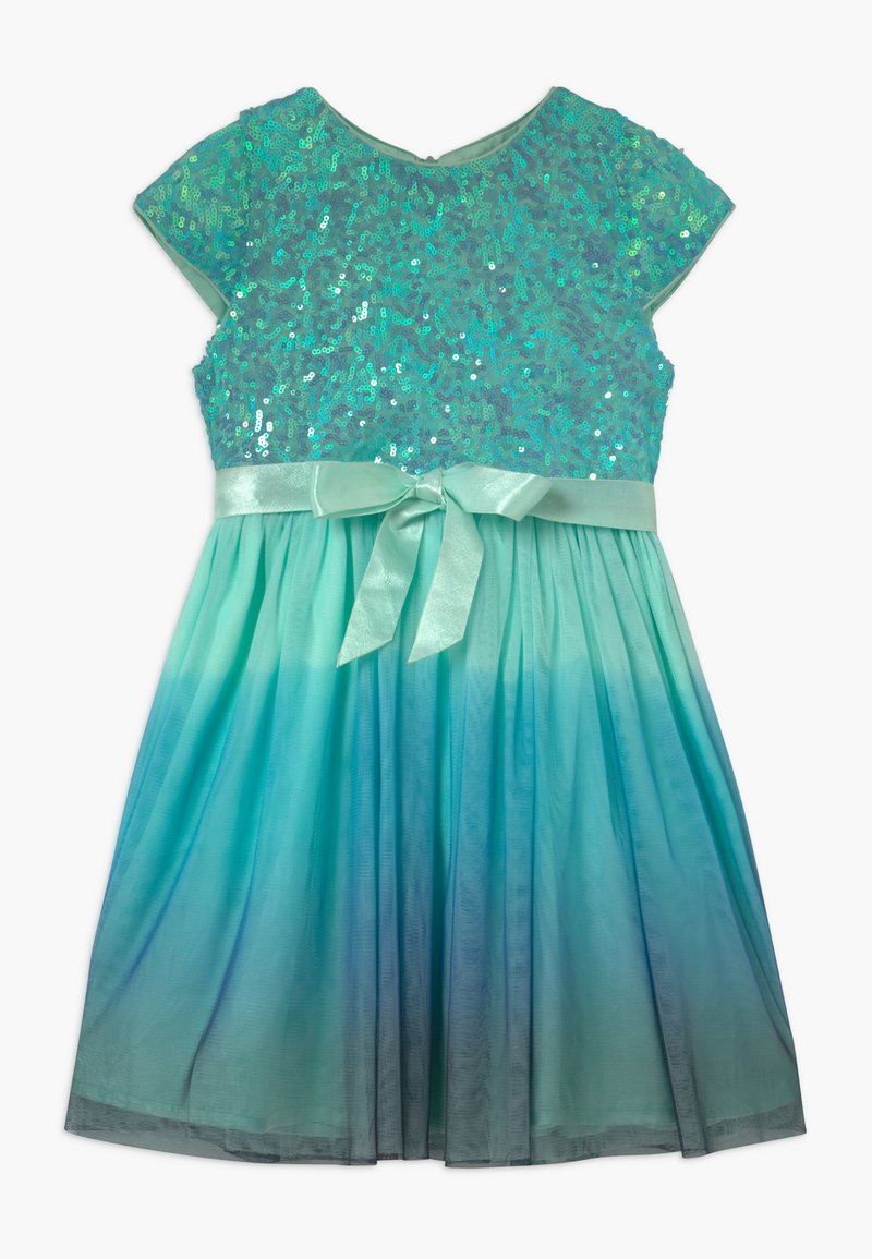 Teal dress featuring a sequin top, cap sleeves, and a satin bow at the waist. The skirt has an ombre effect from light to dark teal.