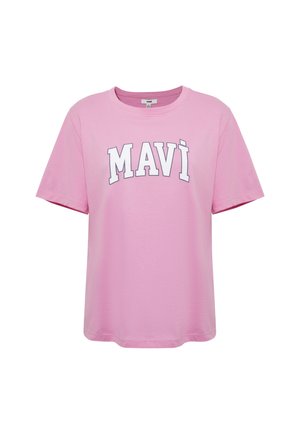 Pink cotton t-shirt featuring a round neck and short sleeves. The front displays the word "MAVI" in bold white letters across the chest.