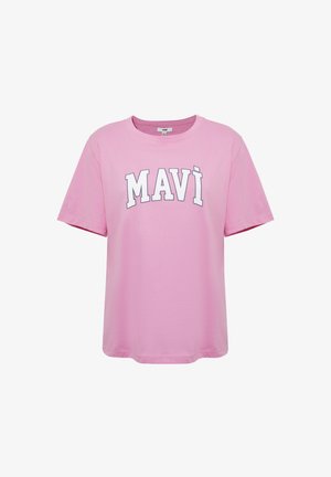 Pink cotton t-shirt featuring a round neck and short sleeves. The front displays the word "MAVI" in bold white letters across the chest.