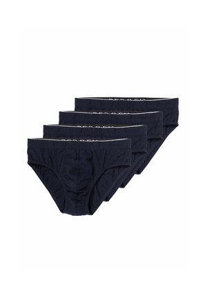 Quattro slip da uomo neri disposti in fila stratificata con elastici in vita su sfondo bianco.