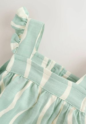 Mentazöld ruha fehér csíkokkal, fodros vállpántokkal és gombos részlettel hátul. Puha, texturált anyag.