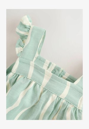 Mintgroene jurk met witte strepen, gerimpelde schouderbandjes en een knoopdetail aan de achterkant. Zachte, gestructureerde stof.