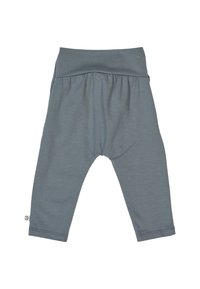 Light gray cotton baby pants with a gathered waistband, tapered legs, and a small logo tag near the hem. Soft, stretchy fabric.
