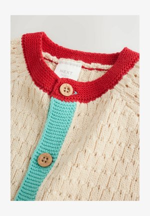 Crèmekleurig gebreid vest met een rode kraag, een turquoise knopenbies en houten knopen, met een gestructureerd patroon op het lichaam.