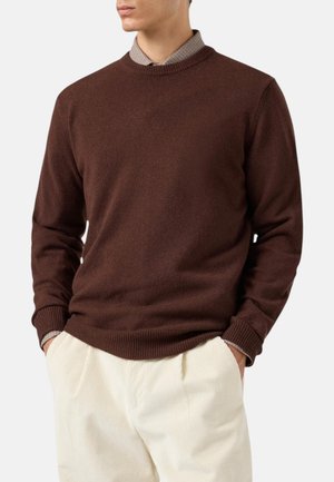 Uomo che indossa un maglione marrone a girocollo sopra una camicia a quadri con le mani nelle tasche dei pantaloni color crema.