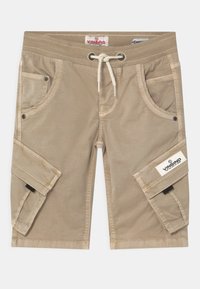 Beige cargo šortky s potaženým pasem, několika kapsami a vyšitým logem. Bavlněná tkanina s hladkou strukturou.