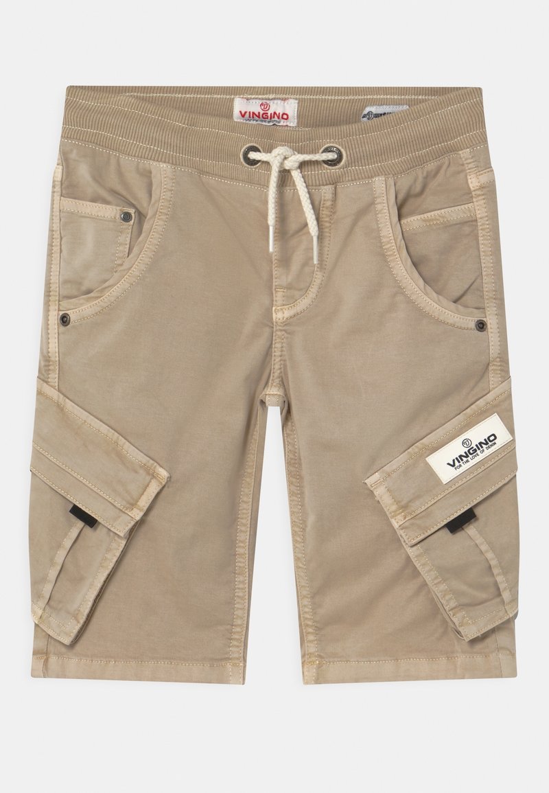 Beige cargo šortky s potaženým pasem, několika kapsami a vyšitým logem. Bavlněná tkanina s hladkou strukturou.