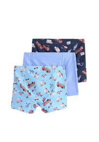 Kolme paria poikien bokserishortseja: yksi sinisestä kankaasta ja ajoneuvokuvioilla, yksi yksivärinen vaaleansininen ja yksi laivastonsininen ajoneuvoprinteillä.